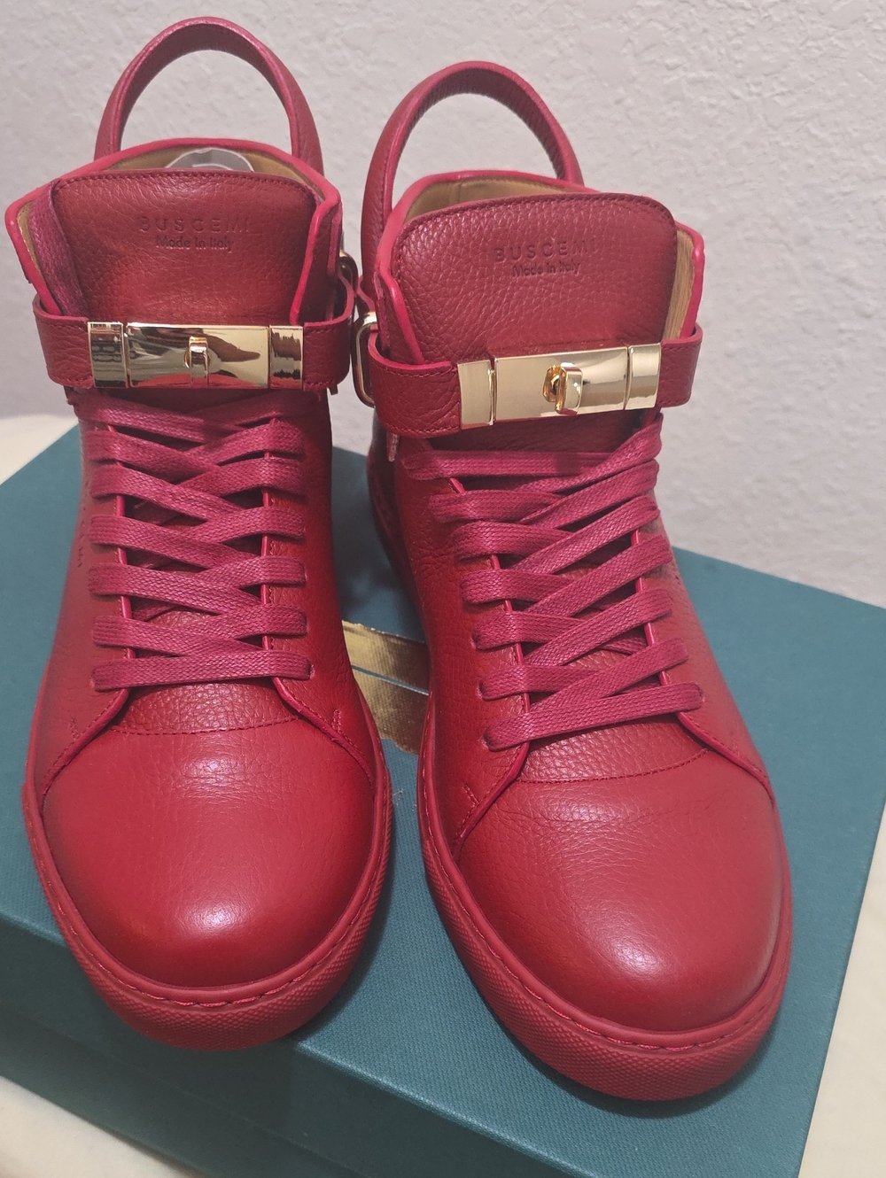 Buscemi Red Leather High-Top Sneakers with Gold Hardware